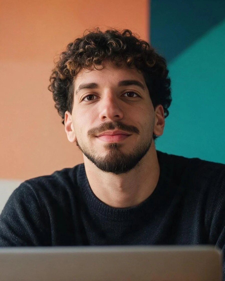 Fred Calabrez, de suéter escuro, sentado diante de um notebook